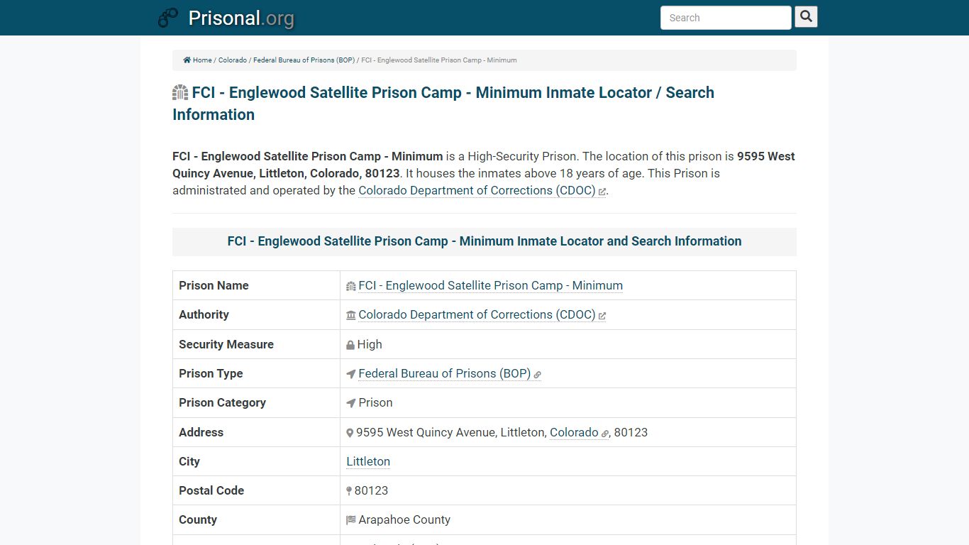 FCI - Englewood Satellite Prison Camp - Minimum-Inmate ...